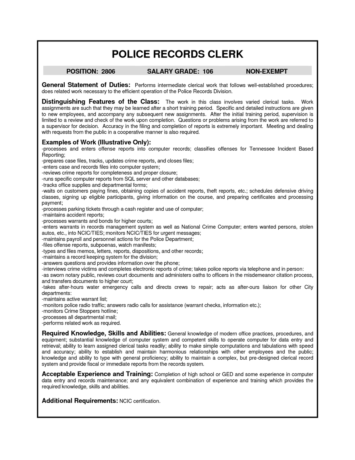 Example resume for clerical job